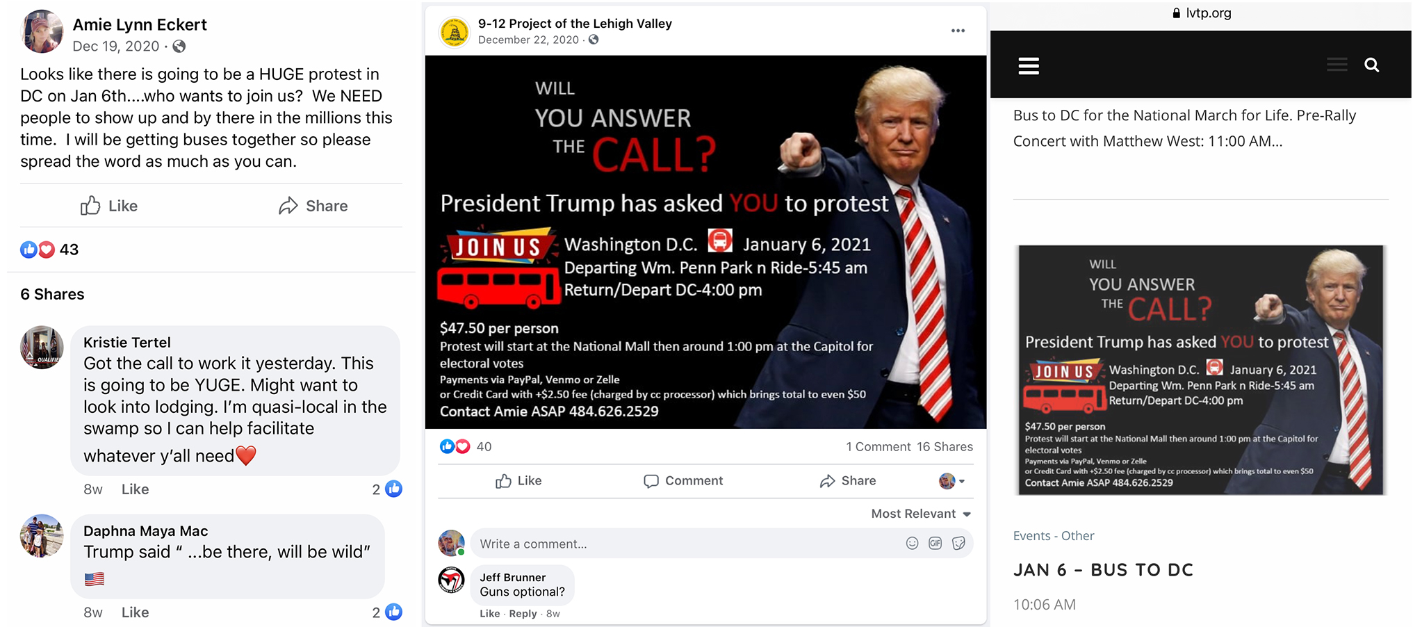 On the left, a screencap from Amie Eckert's Facebook profile imploring her followers to join her bus charter to DC on January 6th. In the middle, a screencap from the LVTP's Facebook account a flyer advertising this bus trip. On the right, a screencap from LVTP's website advertising the same bus trip.