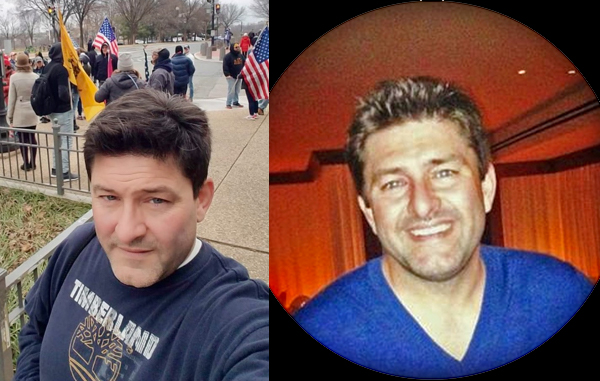 Two images of Jason Jenkins. On the left, Jenkins takes a selfie on a street corner in Washington, DC with "Stop the Steal" protestors behind him. On the left, a photo of Jason Jenkins in a blue shirt.