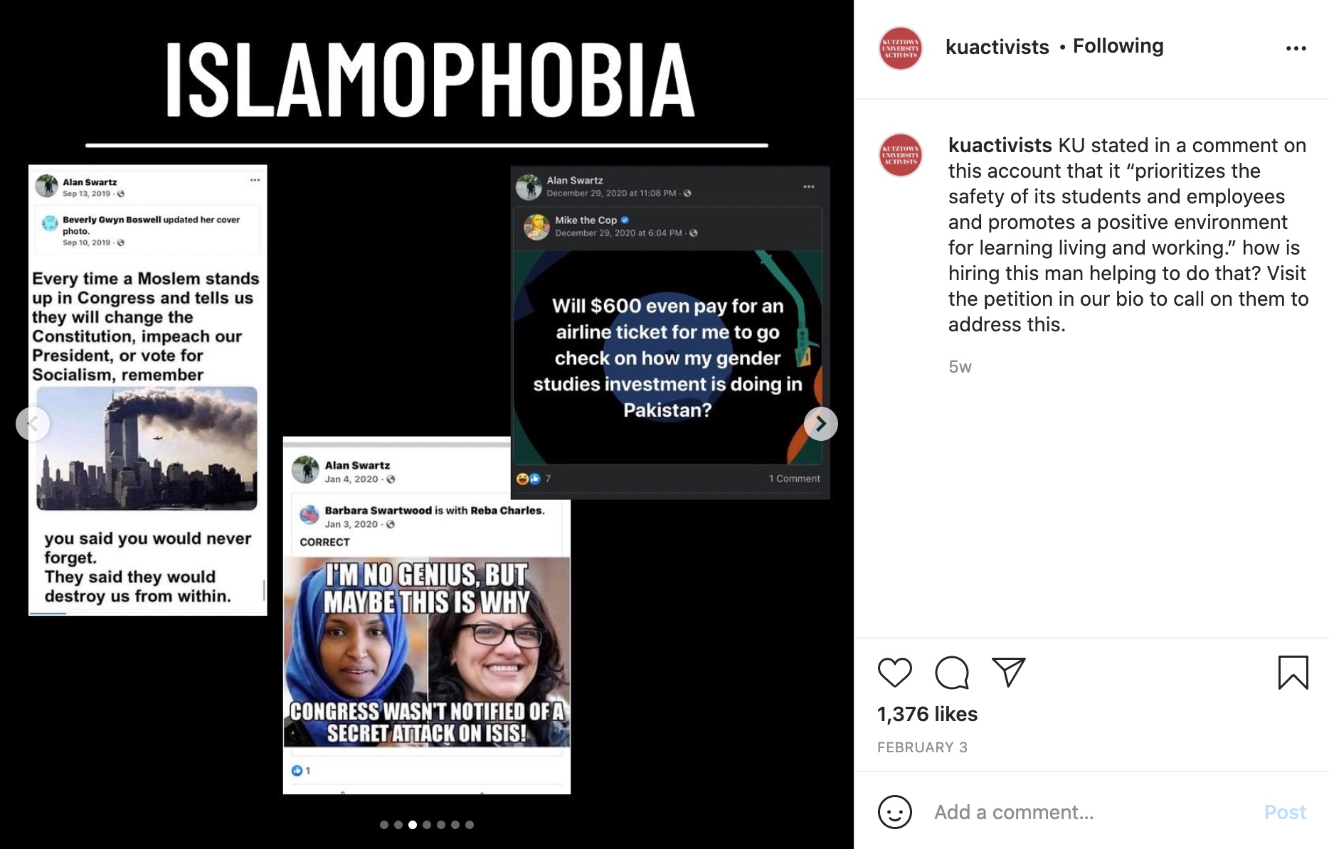Screenshots of Islamophobic memes shared by Swartz